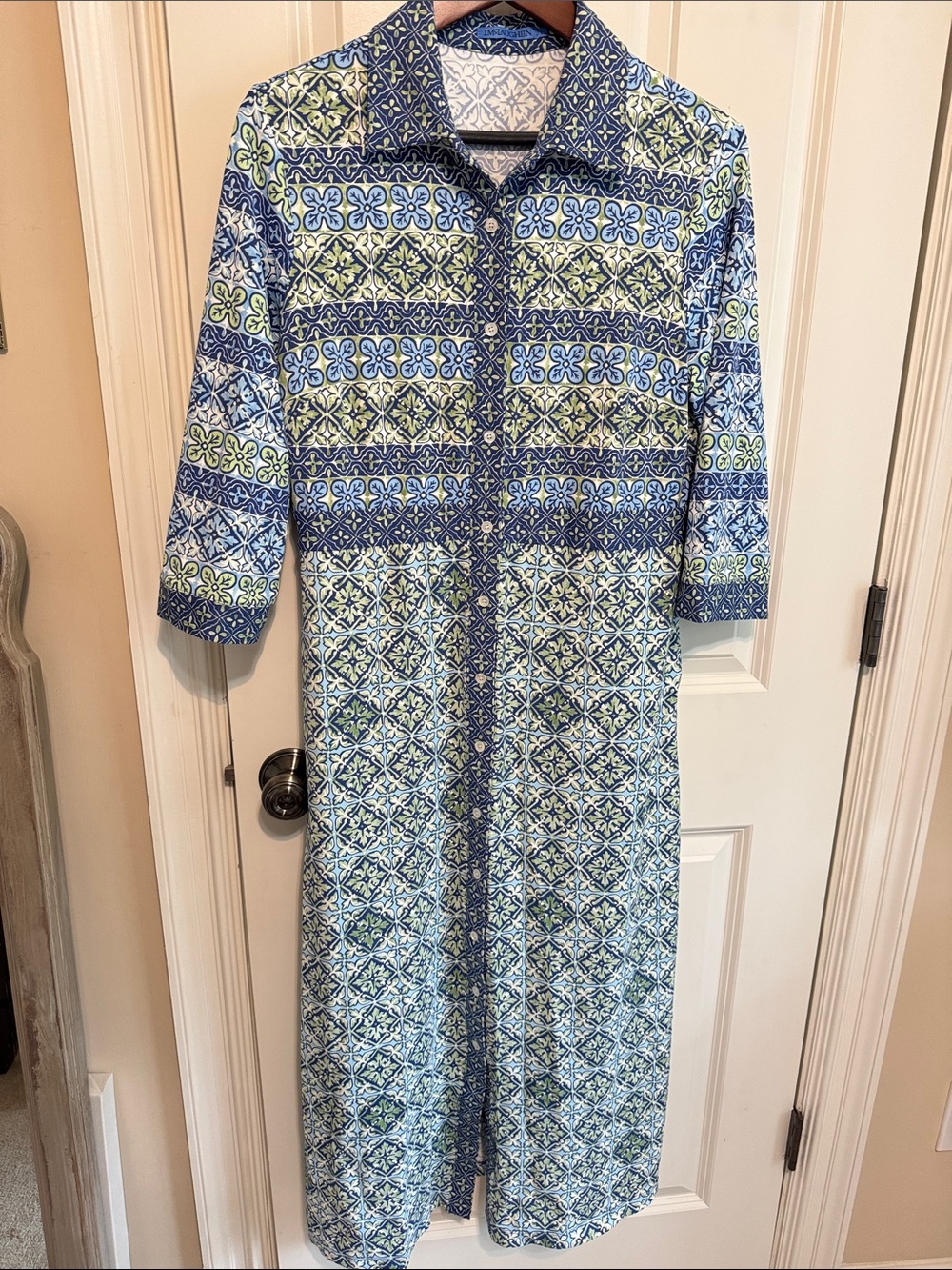 J McLaughlin Blue Patterned Button-Front Maxi Shirt Dress - Picture 2 of 4